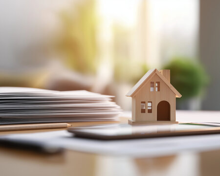A small wooden house on a desk with papers and a tablet, bathed in warm sunlight