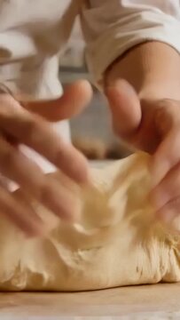Vertical video: Placing hands, baker in apron folding and pinching dough on board, shaping loaf