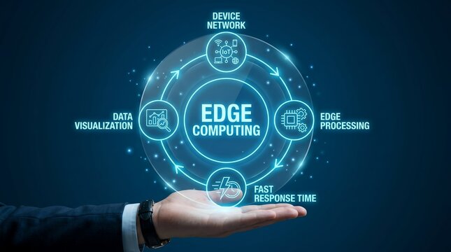 Edge computing concept with a hand holding a glowing blue circle with related terms