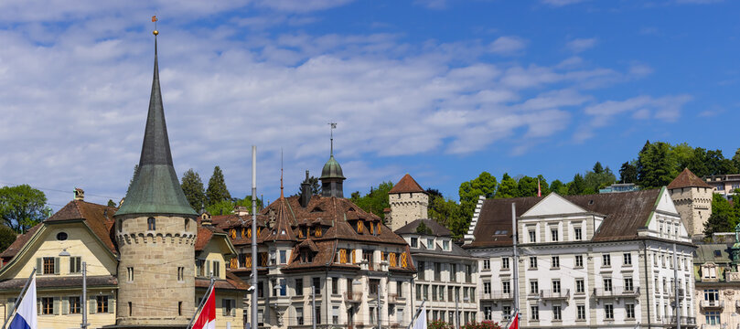 Lucerne cityscape showing medieval towers and historic Swiss architecture