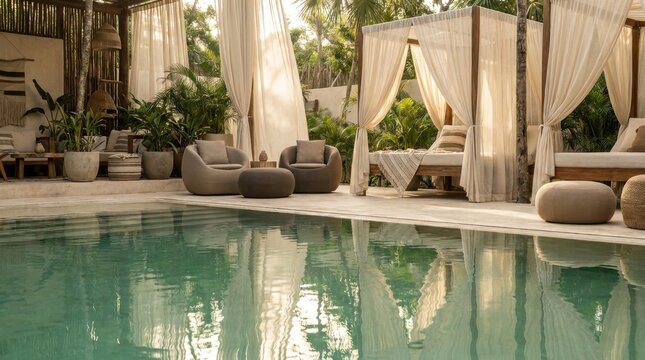 Luxurious outdoor resort cabana with canopy bed and seating area by a tranquil turquoise swimming pool, ideal for tropical vacations.
