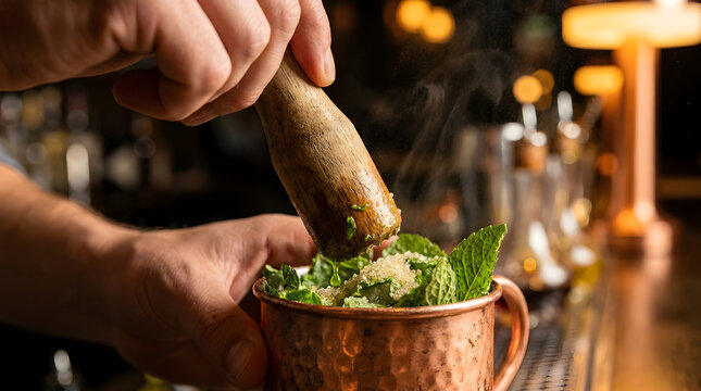 Bartender muddling fresh mint in copper mug | Professional mixologist preparing a mojito cocktail | Craft cocktail preparation with wooden muddler | Close up of hands making a refreshing summer drink