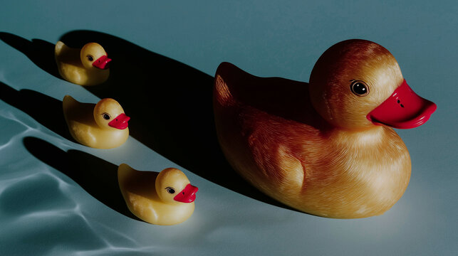 Large yellow rubber duck with three small rubber ducks on a teal studio surface. Playful bath toy composition for product packaging, children's advertising, social media and branding.