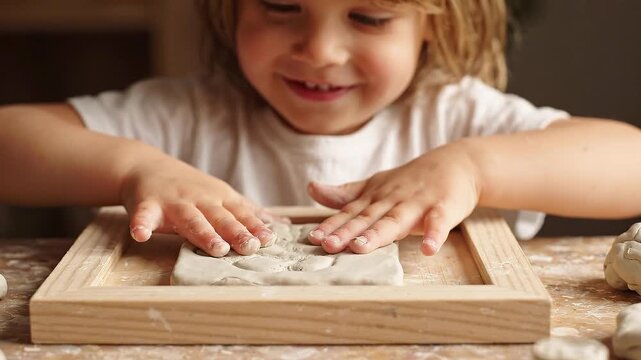 Closeup of a child making a handprint in clay on a wooden frame