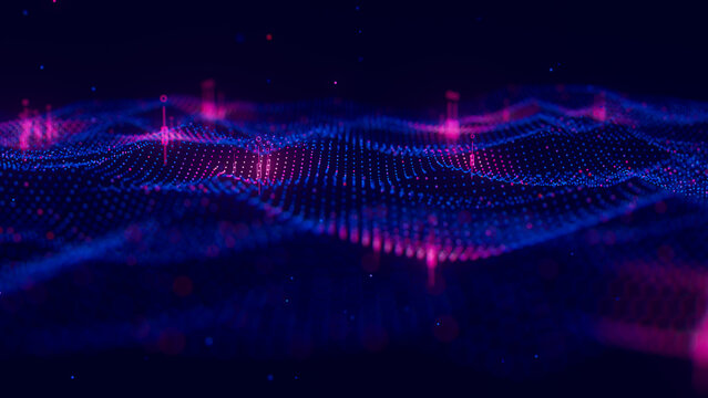 Futuristic blue violet technology point wave with glowing data points. Digital AI cyberspace concept. Abstract digital wave with dots. Big data flow analysis.