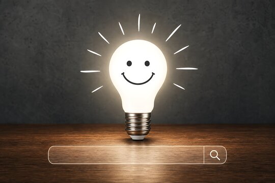 Glowing light bulb with a smiley face sits on a wooden table next to a search bar