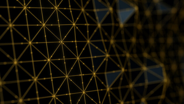 Abstract black triangular mesh with a golden lines and points. Nano quantum process visualization. Ai data digital information layer. Technology concept.