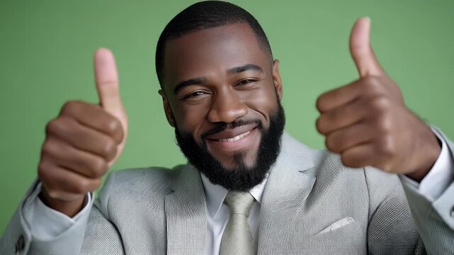 Man giving thumbs up approval gesture against green background