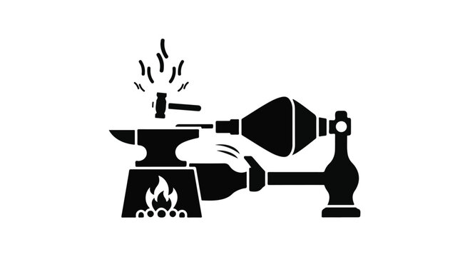 Blacksmith works at an anvil using a hammer and manual bellows to stoke the furnace fire.