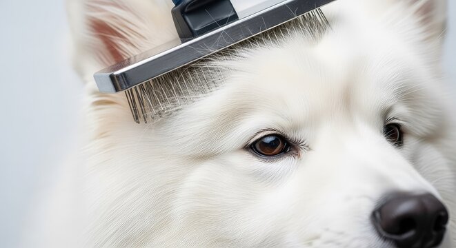 Primo piano di un cane dal mantello soffice mentre una spazzola professionale rimuove i nodi durante una sessione di cura e toelettatura, healthy, purebred, pet