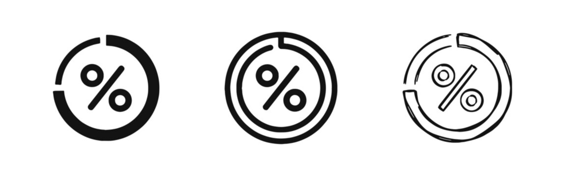 Percentage and Discount Chart Icon Set with Circular Progress Bar in Solid, Line, and Sketch Styles
