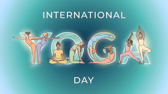 Modern digital illustration for International Yoga Day with neon glowing typographic letters and figures performing various asanas on a teal blue background for wellness.