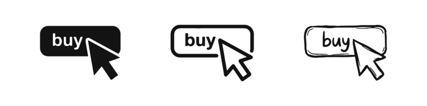 Online Buy Button and Mouse Cursor Icon Set for E-commerce in Solid, Outline, and Sketch Styles