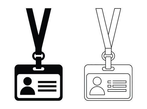 Two ID badge icons, solid and outline variations, hanging on lanyards, vector illustration for workplace identification