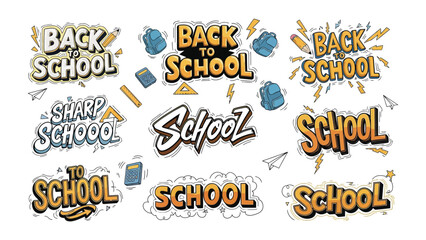 Back to School Graphics: A vibrant collection of Back to School and School themed graphics, featuring bold typography, playful illustrations of books, backpacks, and pencils. © Halima