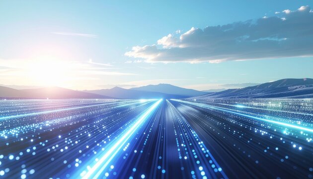 High-speed digital technology connects a blue and white background, cyber nanodata, abstract communication, and innovative future data technologies.