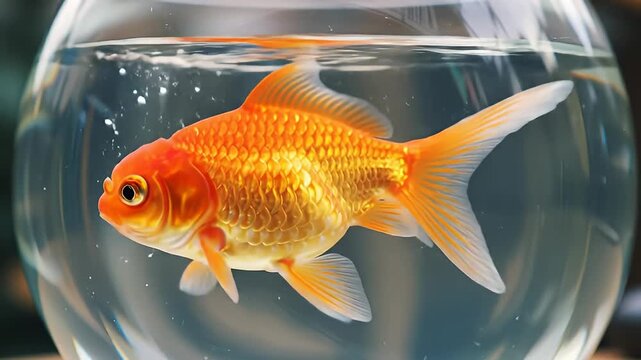 Orange fish swims in clear glass bowl filled with bubbly water