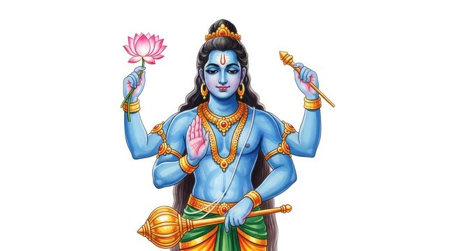 Vibrant watercolor illustration of a four-armed divine figure with blue skin, holding a lotus and mace, isolated on a clean white background, culture, mace, serene