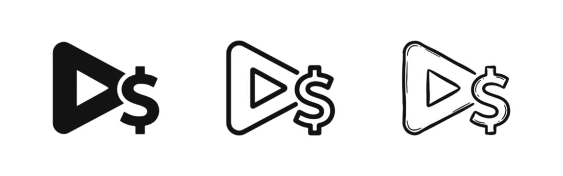 Video Monetization Icon with Play Button and Dollar Sign in Three Styles