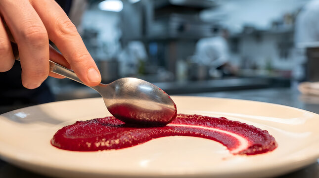 professional chef plating gourmet food| beetroot puree smear technique |fine dining food styling process |chef hand swiping sauce on white plate