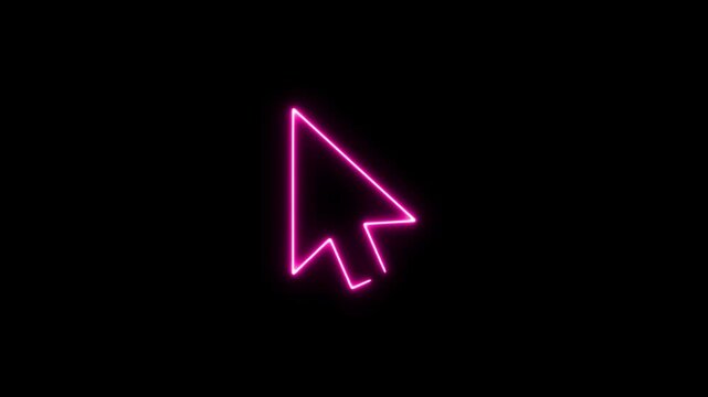 Neon pink mouse cursor arrow pulsing on black background, digital interface ui for web projects arrow neon light