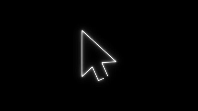 Neon glowing computer mouse cursor arrow animation on black background, for digital interface pointer