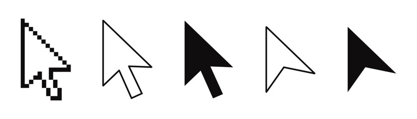 Computer mouse cursor pointers in set of different styles and designs featuring various shapes ranging from pixelated icons to clean flat black silhouettes. © anamull2004