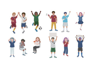 Obraz premium Soccer Fans Collection with Interactive Poses, High-fives, and Game Day Activities Flat Illustration.