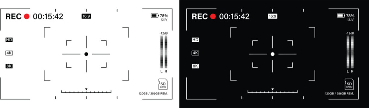 Camera viewfinder interface overlay for video recording on transparent background featuring recording status battery indicator resolution data and levels.