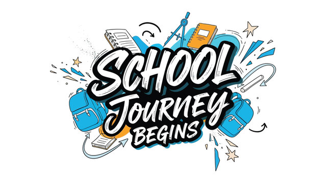 School Journey Begins: A vibrant and whimsical illustration depicting the start of a school journey, with iconic school supplies and backpacks surrounding the bold text.