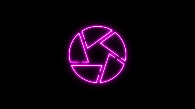 Neon pink camera shutter animation, glowing digital aperture symbol for and media technology concepts