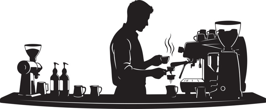 Barista making coffee with espresso machine and grinder