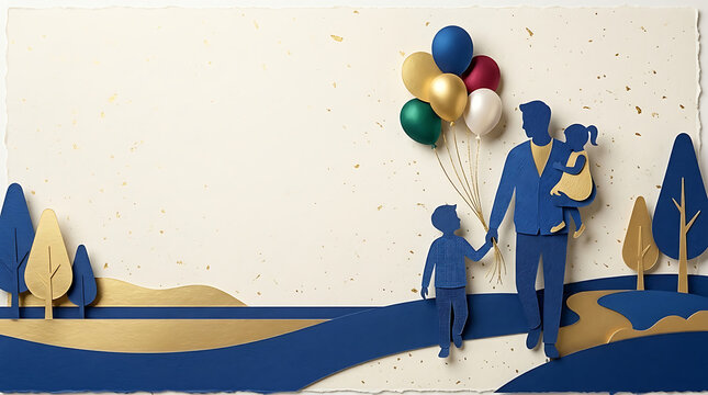 Father holding balloons with children walking in a park, celebrating family fun and happiness