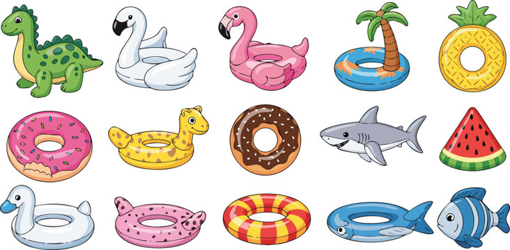 Cute summer pool float cartoon vector illustration set featuring inflatable flamingo donut shark dinosaur and tropical beach toys