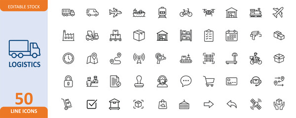 Logistics and delivery icon set. 50 line icons for transportation and supply chain. editable icons © Mohammad