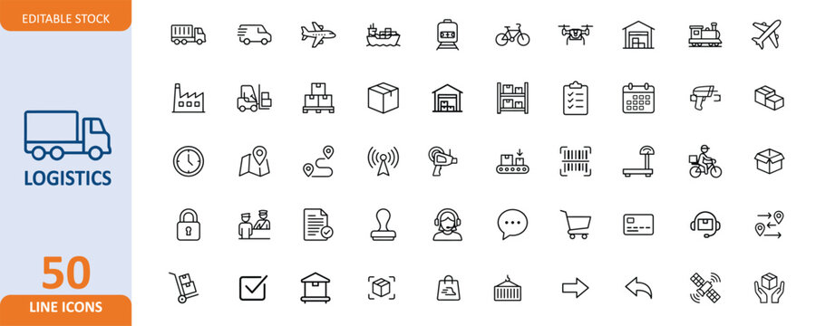 Logistics and delivery icon set. 50 line icons for transportation and supply chain. editable icons