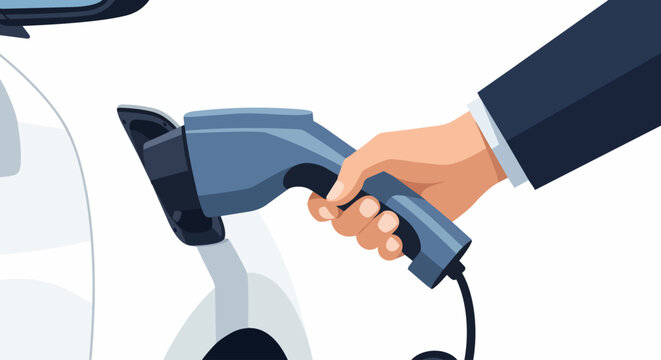 Businessman charging electric vehicle with cable connector close-up illustration. Sustainable eco-friendly transportation and green energy concept.