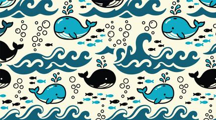 Fototapeta premium Cute Whale and Ocean Waves Seamless Pattern Background with Bubbles and Small Fish; Cartoon Sea Life Illustration for Fabric and Nursery Decor