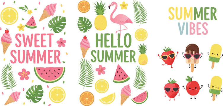 Cute summer quote vector illustration set featuring tropical fruits ice cream flamingo and colorful seasonal typography designs