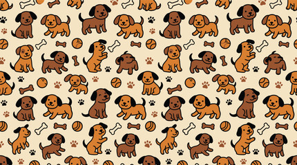 Cute cartoon puppy dogs seamless pattern with bones, balls, and paw prints. Warm brown and orange hand-drawn vector illustration for children's fabric, wallpaper, and pet-themed designs. © Robich Art