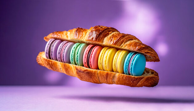 A crispy croissant with a filling in the form of multi-colored macrons on a purple background