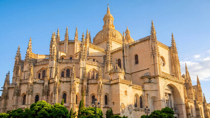 Fototapeta premium Segovia cathedral with ornate gothic architecture against blue sky