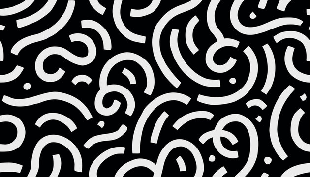 Abstract seamless background pattern with white wavy lines. Vector illustration featuring monochrome Memphis-style squiggles, curves, and dots on a solid black background.