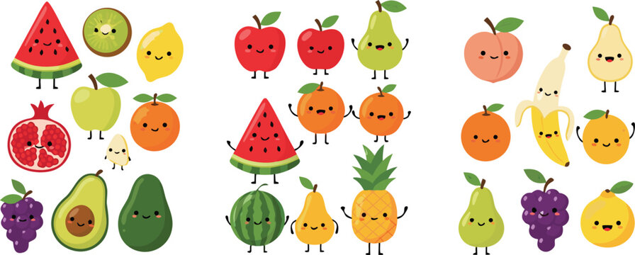 Cute fruit cartoon vector illustration set featuring funny tropical fruit characters isolated kawaii healthy food collection