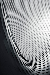 An abstraction in the form of a curved lattice with a smooth geometric rhythm in monochrome. Vertical black and white photo