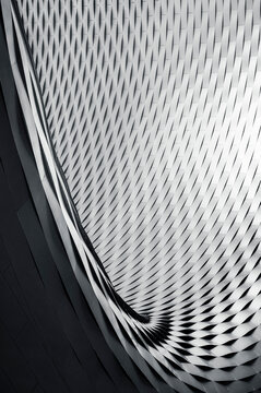An abstraction in the form of a curved lattice with a smooth geometric rhythm in monochrome. Vertical black and white photo