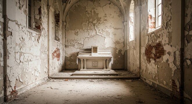 A desolate abandoned church interior showcases a crumbling stone altar beneath vaulted ceilings with peeling plaster walls