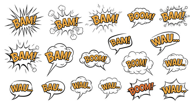 Collection of comic book sound effect bubbles including boom bam and wau brings high energy pop art style to your creative projects.
