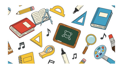 A Collage of Classroom Essentials: A vibrant collection of school supplies including books, pencils, rulers, and a blackboard, all illustrated in a playful, scattered pattern. © Hossain