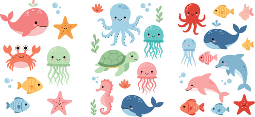 Cute underwater sea animal cartoon vector illustration set featuring whale dolphin octopus jellyfish turtle and colorful marine life collection © Yevhenii creative